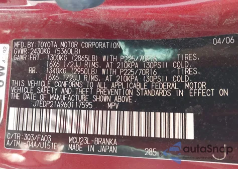 2006 Toyota Highlander V6 from USA, damaged, VIN JTEDP21A960117595